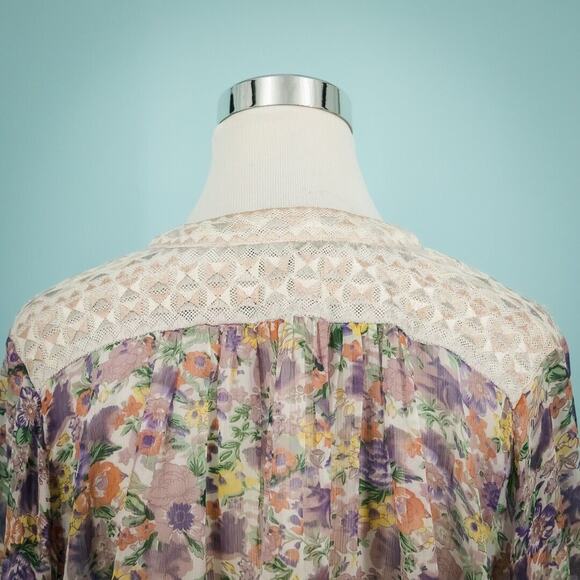 Ranna Gill Anthropologie Size Medium M Floral Print Split V Neck Long Sleeve Top - Picture 2 of 7